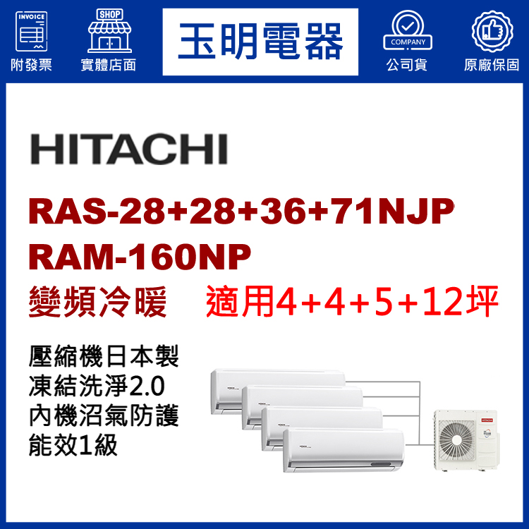 日立《變頻冷暖》1對4分離式冷氣 RAM-160NP/RAS-28NJP×2+36NJP+71NJP (適用4+4+5+12坪)