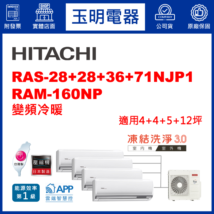 日立《變頻冷暖》1對4分離式冷氣 RAM-160NP/RAS-28NJP1×2+36NJP1+71NJP1 (適用4+4+5+12坪)