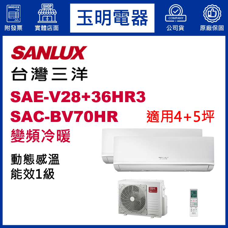 台灣三洋《變頻冷暖》1大1小分離式冷氣 SAC-BV70HR/SAE-V28HR3+V36HR3 (適用4+5坪)